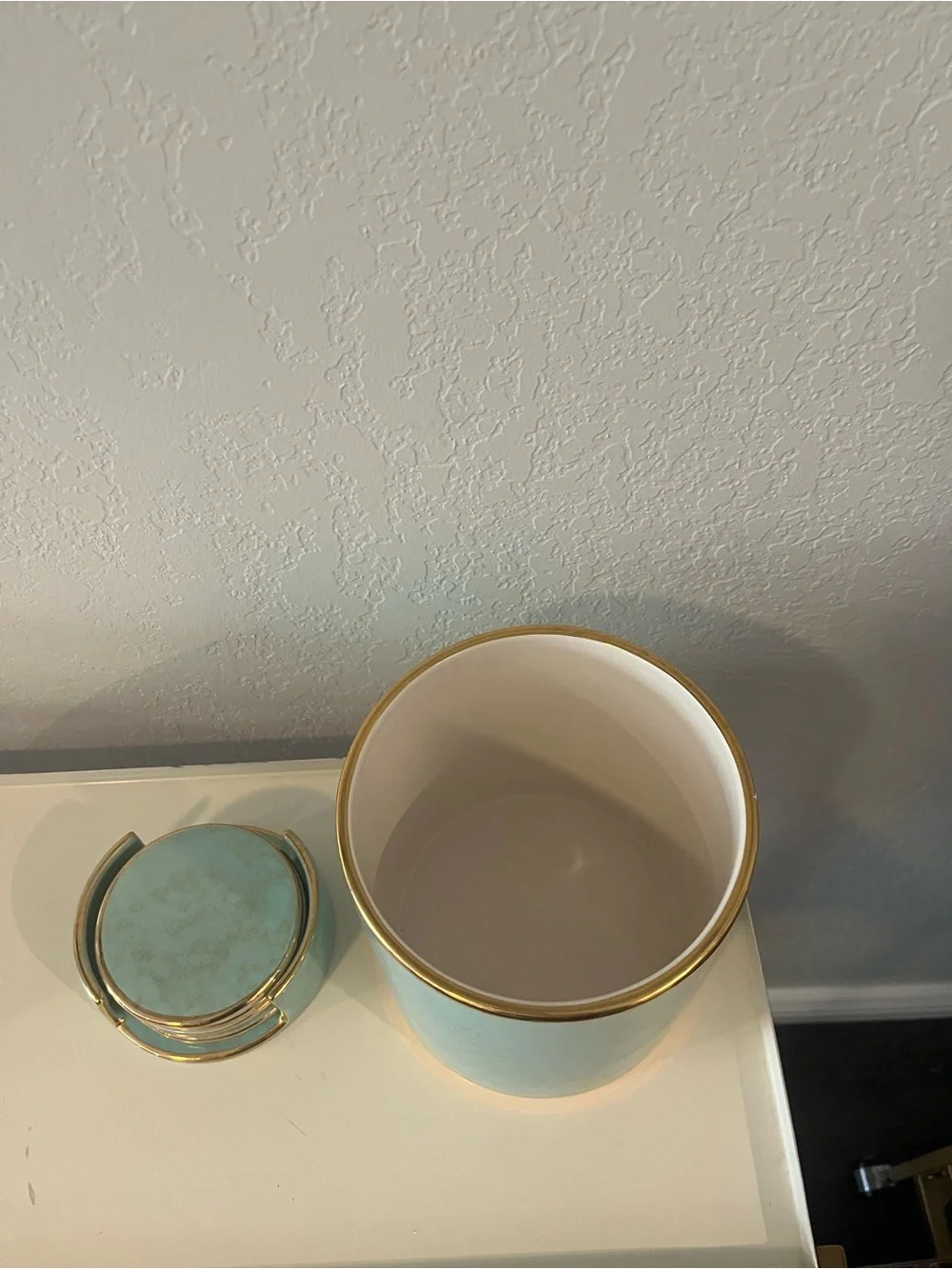 Williams Sonoma Aerin Turquoise Ice Bucket W/ 24kt Gold  Trim +Coasters